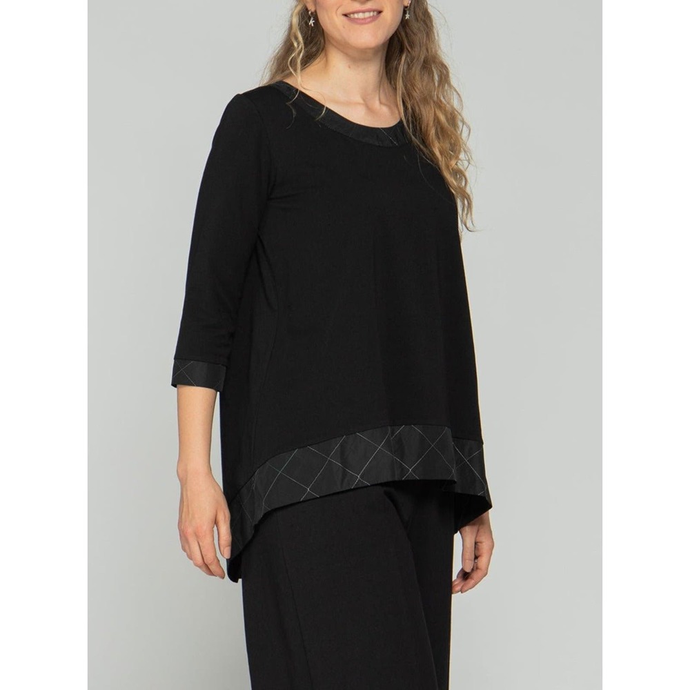 Luukaa Women's Hi-Low Black Tunic Top Size 16 White Stitch Cotton Flowy Chic NWT